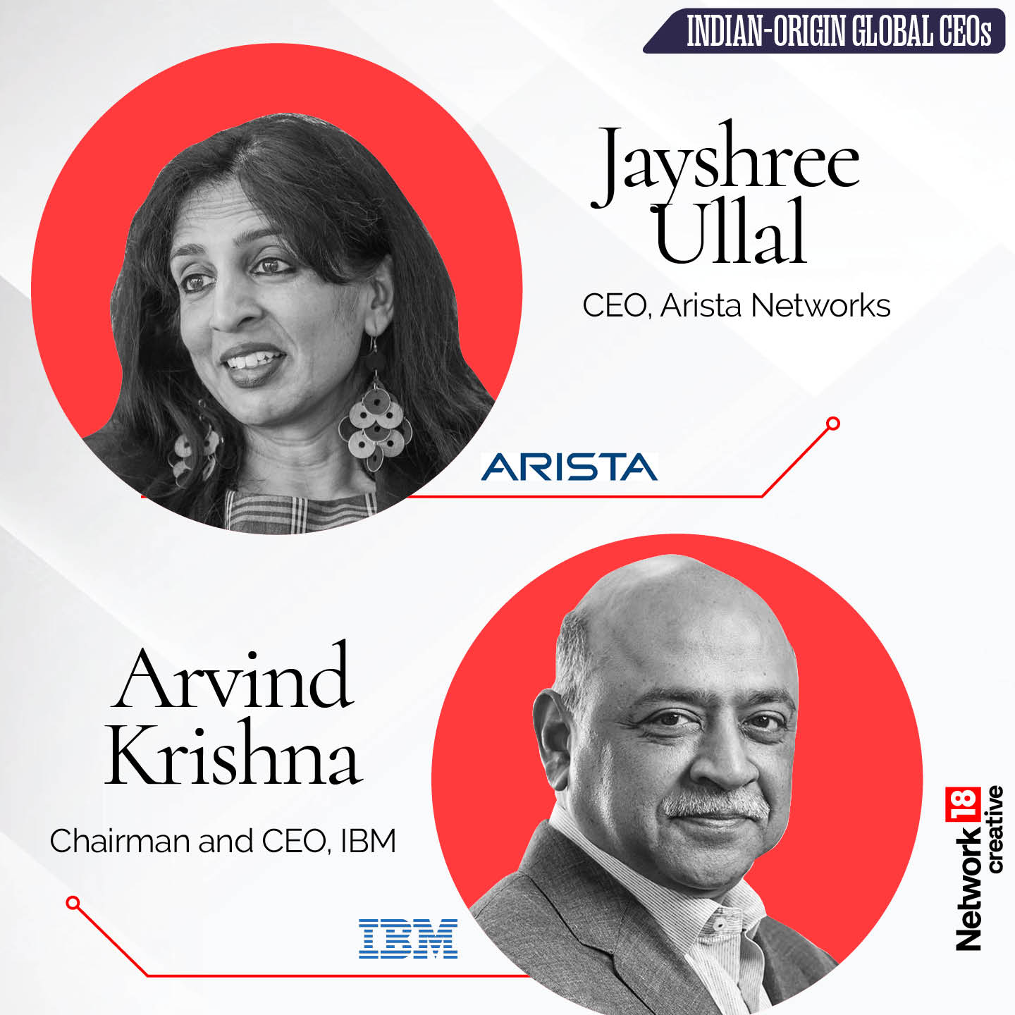 Jayashree Ullal became the CEO of Arista Networks in 2008. Arvind Krishna became IBM’s CEO in 2020. (Image: News18 Creative)