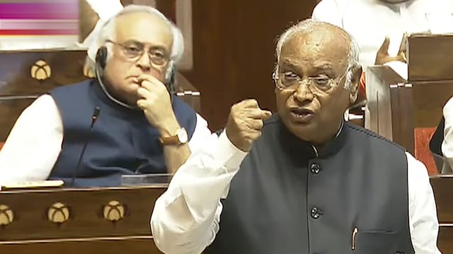  LoP in the Rajya Sabha Mallikarjun Kharge speaks during a debate in the House on the Pahalgam terror attack and Operation Sindoor, at the Monsoon session of Parliament, in New Delhi, Tuesday, July 29, 2025. (Sansad TV via PTI Photo)(PTI07_29_2025_000252B)