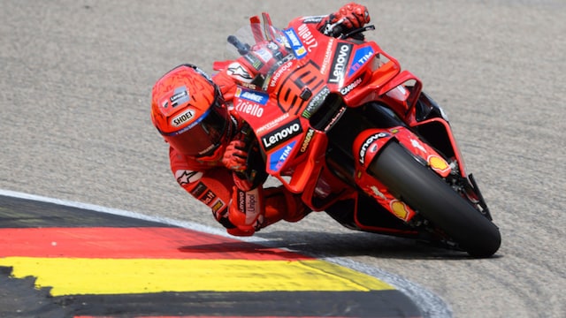 Marc Marquez from Spain from the Ducati Lenovo Team rides on the track during the MotoGP race, German Grand Prix (AP)