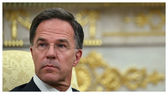 NATO Secretary General Mark Rutte looks on during a meeting with US President Donald Trump in the Oval Office of the White House in Washington, DC on July 14, 2025.. (AFP)