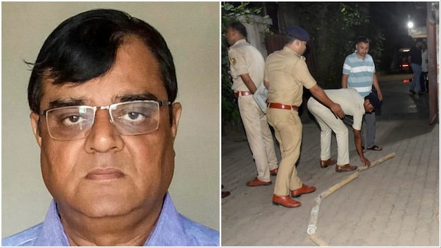 A file photo of industrialist Gopal Khemka (L)/ Police investigating the crime scene (R) (Photos: PTI)