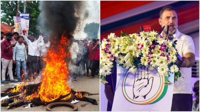 Protests over the Balasore horror (L)/Rahul Gandhi (R) (Photos: PTI)