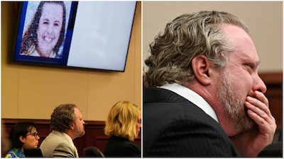 With a photograph of his wife, Angela, cast on a screen above, dentist James Craig listens during closing arguments/James Craig wipes his face during his trial (Photos: AP)