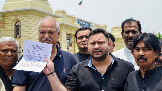 Leader of Opposition in Bihar Assembly and RJD leader Tejashwi Yadav addresses the media during the Monsoon session of the Assembly, in Patna. (PTI)