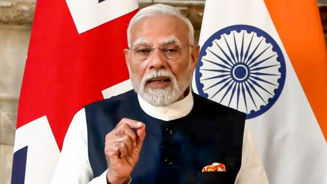 Prime Minister Narendra Modi speaks during a joint press statement after a meeting with his British counterpart Keir Starmer at Chequers Estate, in UK. (PTI)