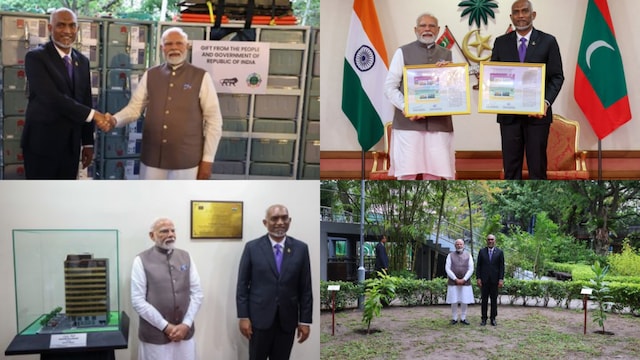 Prime Minister Narendra Modi and Maldivian President Mohamed Muizzu during the planting of a sapling under 'Ek Ped Maa Ke Naam' initiative, in Male. (X)