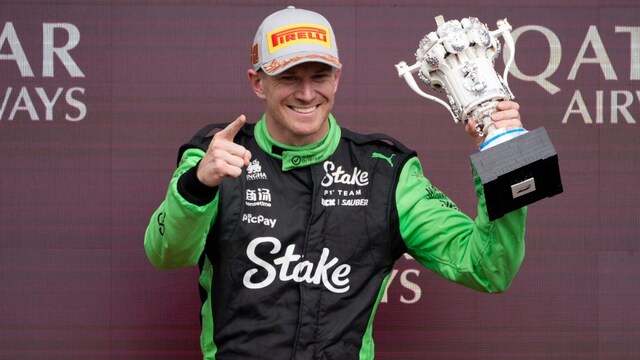 Nico Hulkenberg celebrating his first-ever podium finish (AP)