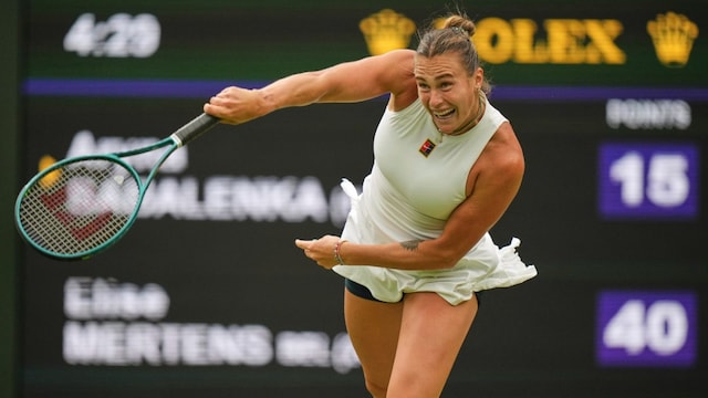 Sabalenka in action at Wimbledon (AP)