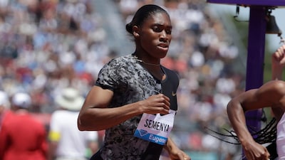 South Africa's Caster Semenya competes in the women's 800-meter race during the Prefontaine Classic, an IAAF Diamond League athletics meeting, in Stanford, Calif., June 30, 2019. (AP Photo/Jeff Chiu, File)