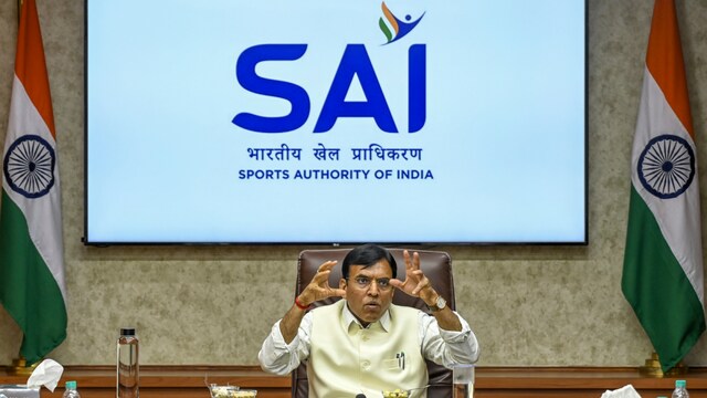 Union Minister for Youth Affairs and Sports Mansukh Mandaviya addresses a press conference (PTI)