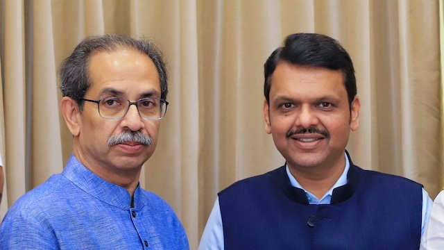 Maharashtra Chief Minister Devendra Fadnavis with Shiv Sena (UBT) chief Uddhav Thackeray in Mumbai. (PTI photo)