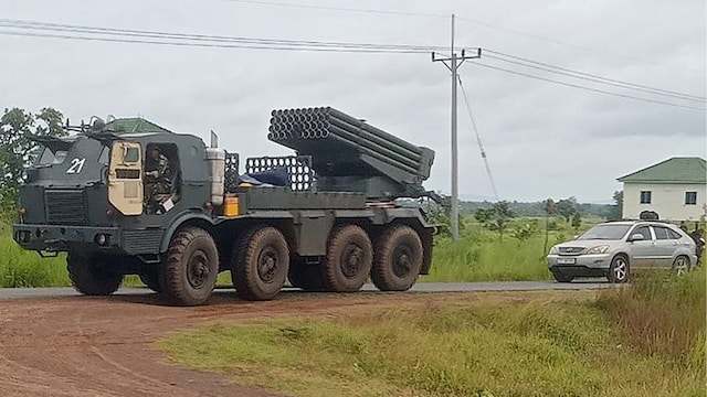 A Cambodian BM-21 multiple rocket launcher returns from the Cambodia-Thai border as Cambodian and Thai troops exchanged fire in a new round of clashes in Preah Vihear province on July 24, 2025. (AFP)