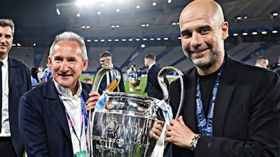 Txiki Begiristain with Pep Guardiola after their UEFA Champions League win (X)