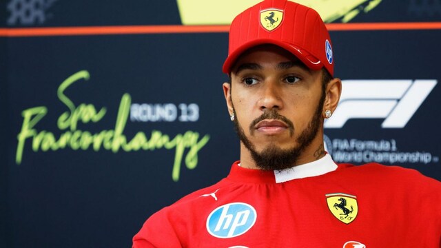 Ferrari driver Lewis Hamilton of Britain attends a media conference ahead of the Formula One Grand Prix at the Spa-Francorchamps racetrack in Spa, Belgium, Thursday, July 24, 2025. (AP Photo/Geert Vanden Wijngaert)
