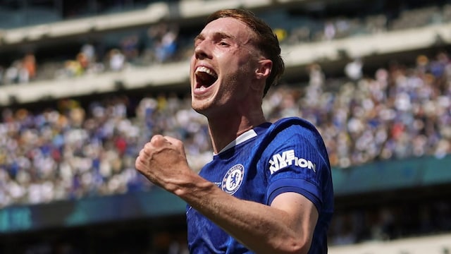 Chelsea's Cole Palmer reacts after scoring a goal against Paris Saint-Germain during the first half of the Club World Cup final soccer match in East Rutherford, N.J., Sunday, July 13, 2025. (AP Photo/Frank Franklin II)
