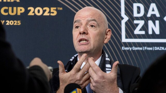 FILE - FIFA President Gianni Infantino speaks to the media at a welcoming event for the 2025 FIFA Club World Cup soccer tournament, April 10, 2025, in Philadelphia. (AP Photo/Chris Szagola, file)
