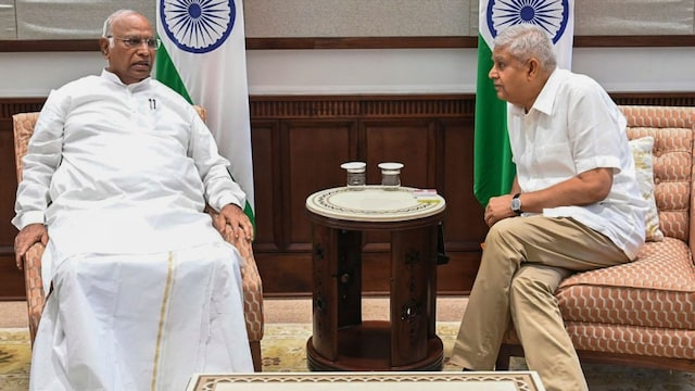  THIRD PARTY IMAGE** In this image posted by @kharge via X on July 15, 2025, Vice President and Rajya Sabha Chairman Jagdeep Dhankhar with Congress President Mallikarjun Kharge during a meeting, ahead of the Monsoon session of Parliament, in New Delhi. (@kharge on X via PTI Photo) (PTI07_15_2025_000071B)