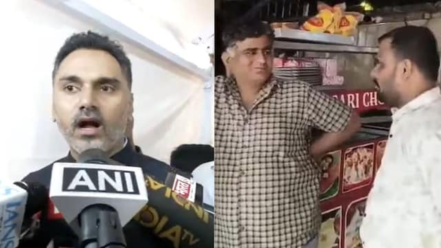State Minister Yogesh Kadam and a screengrab of the viral video in which MNS workers slap food vendor for refusing to speak in Marathi. (ANI/X)