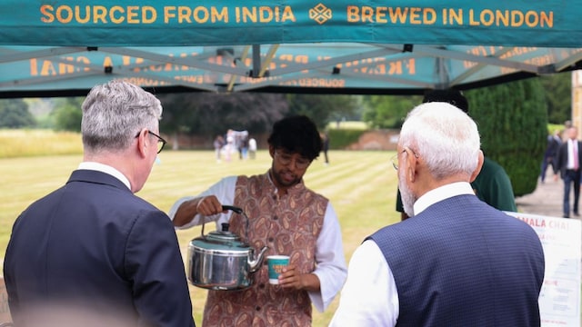 Indian-origin entrepreneur Akhil Patel serving tea to Prime Minister Narendra Modi and Prime Minister Keir Starmer