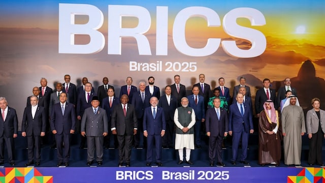 PM Narendra Modi during a group photograph with BRICS members, partners and outreach invitees at the BRICS Summit 2025, in Rio de Janeiro, Brazil. (PMO via PTI) 