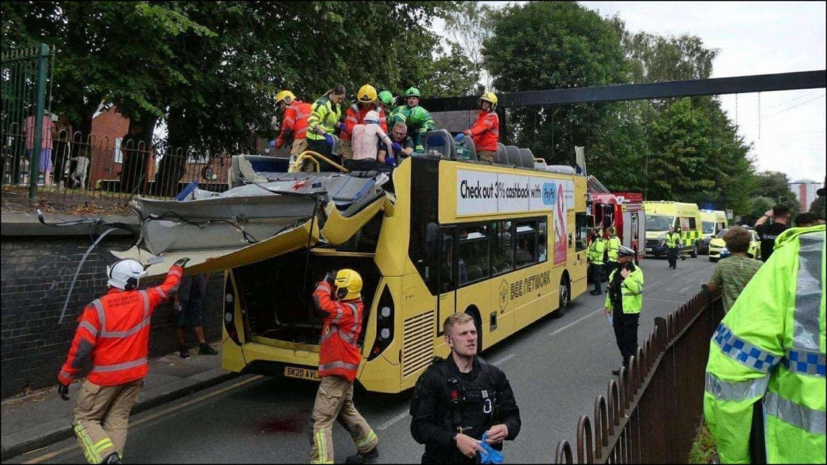 Roof Of UK Double-Decker Bus Ripped Off After Colliding With Bridge, 15 Injured | Video
