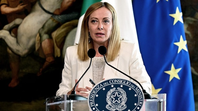 Italy’s Prime Minister Giorgia Meloni speaks during a press conference with Austria’s Chancellor following their meeting at Palazzo Chigi in Rome. (AFP photo)