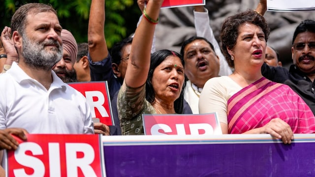 Leader of Opposition in Lok Sabha Rahul Gandhi, Congress MP Priyanka Gandhi Vadra and other MPs from the INDIA bloc protest over the ongoing special intensive revision of electoral rolls in Bihar, during the Monsoon session of Parliament, in New Delhi on Friday. (PTI)