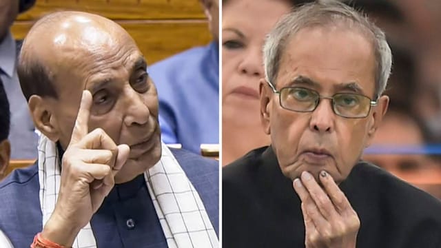 Rajnath Singh (left) spoke about Pranab Mukherjee who was the EAM at the time of the 26/11 Mumbai terror attacks. (PTI File)