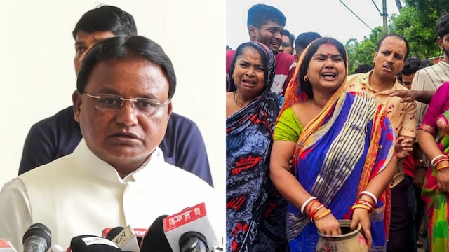 Odisha CM Mohan Manjhi; (right) bereaved family members of Balasore student. (PTI)