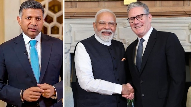 (From left) Vikram Doraiswami; PM Modi with UK PM Starmer. (PTI/X) 