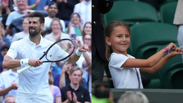 Novak Djokovic (left) celebrates 100th Wimbledon win with his daughter. (AP Photo)