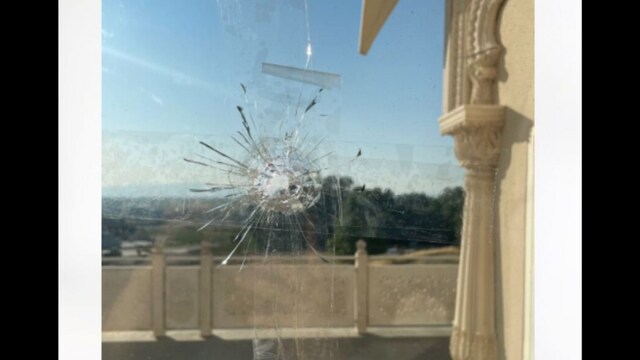 Bullet hole seen at Shri Shri Radha Krishna Temple in Spanish Fork. (Image Courtesy ISKCON)