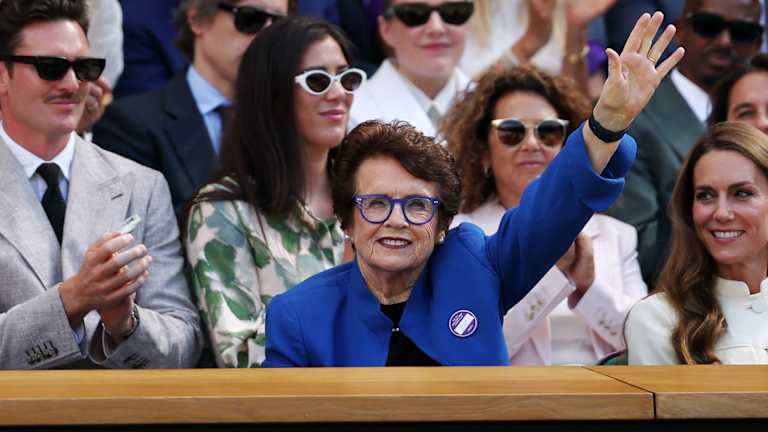 Billie Jean King, six-time champion at Wimbledon, waves as her name is announced in the Royal Box. (AFP) Billie Jean King, six-time champion at Wimbledon, waves as her name is announced in the Royal Box. (AFP)