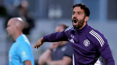 A frustrated Ruben Amorim yells at his Manchester United players from the sidelines (AP)