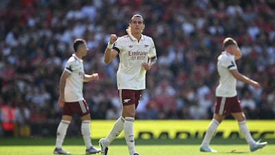 Riccardo Calafiori celebrates his set-piece winner against Manchester United.

(AFP Photo)