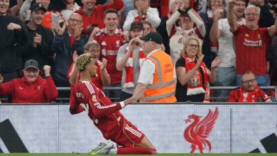 Hugo Ekitike celebrates scoring for Liverpool (AP)