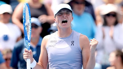 Iga Swiatek celebrates after beating Elena Rybakina. (AFP Photo)