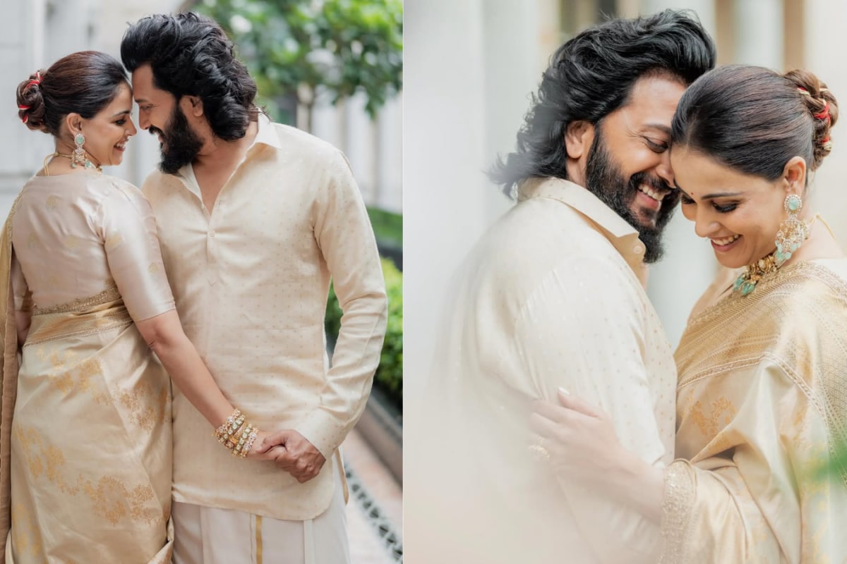 Genelia And Riteish Deshmukh Channel Festive Royalty In Ivory And Gold Ensembles