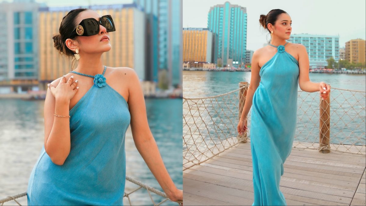 RJ Mahvash Wears Ocean-Blue Halter Gown in Delhi