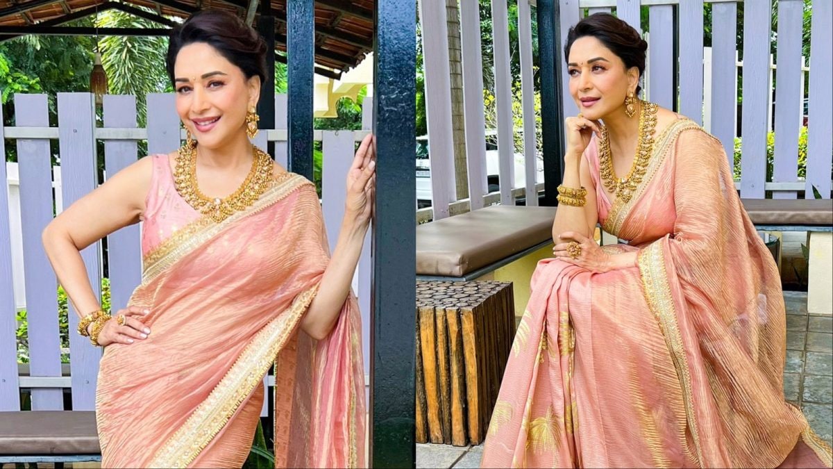 Madhuri Dixit Aces Festive Elegance In Rs 30K Peach Tissue Saree And Gold Jewellery | Lifestyle News