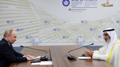 Russia's President Vladimir Putin meets OPEC Secretary General Haitham Al Ghais in Saint Petersburg. (AFP file photo)
