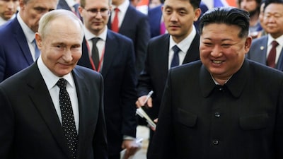 Russian President Vladimir Putin, left, and North Korea's leader Kim Jong Un in Pyongyang. (Kremlin Photo via AP)