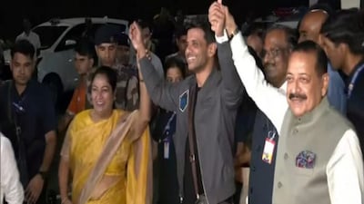Shukla landed in the early hours of Sunday at Delhi's Indira Gandhi International (IGI) Airport, where he was greeted by a host of dignitaries and his family. Image/ANI