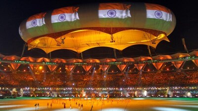 The Indian flag projected onto a giant balloon during the Commonwealth Games closing ceremony at Jawaharlal Nehru Stadium, New Delhi [Reuters Photo]