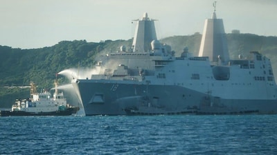 USS New Orleans catches fire (AFP Image)
