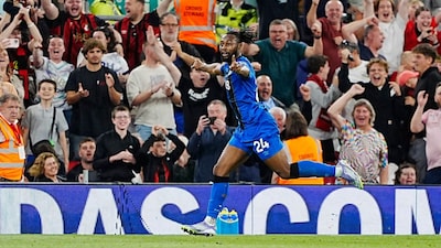 Bournemouth's Antoine Semenyo celebrates scoring their side's second goal of the game during the English Premier League soccer match between Liverpool and Bournemouth at Anfield in Liverpool, England, Friday, Aug. 15, 2025. (Peter Byrne/PA via AP)
