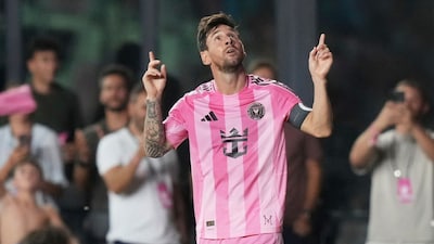 Inter Miami forward Lionel Messi (10) reacts after scoring a goal during the second half of an MLS soccer match against the Los Angeles Galaxy, Saturday, Aug. 16, 2025, in Fort Lauderdale, Fla. (AP Photo/Lynne Sladky)
