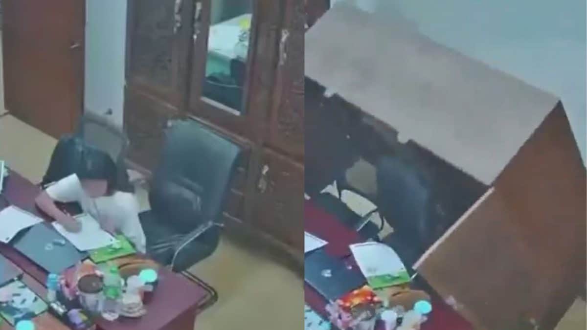 Woman Ducks Under Desk As 6.2 Earthquake Rattles Turkish Office, Cupboard Collapses | Watch
