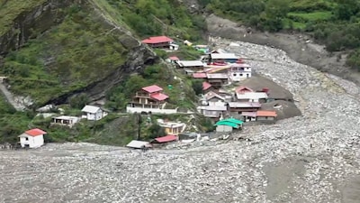 Houses buried under debris following flash floods triggered by a cloudburst, in Uttarkashi district, Uttarakhand, Wednesday, Aug. 6. (PTI Photo)