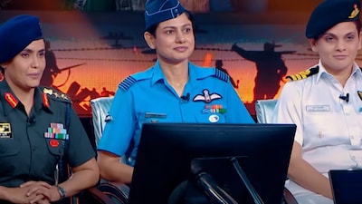 Colonel Sofiya Qureshi, Wing Commander Vyomika Singh (Indian Air Force) and Commander Prerna Deosthalee (Indian Navy).